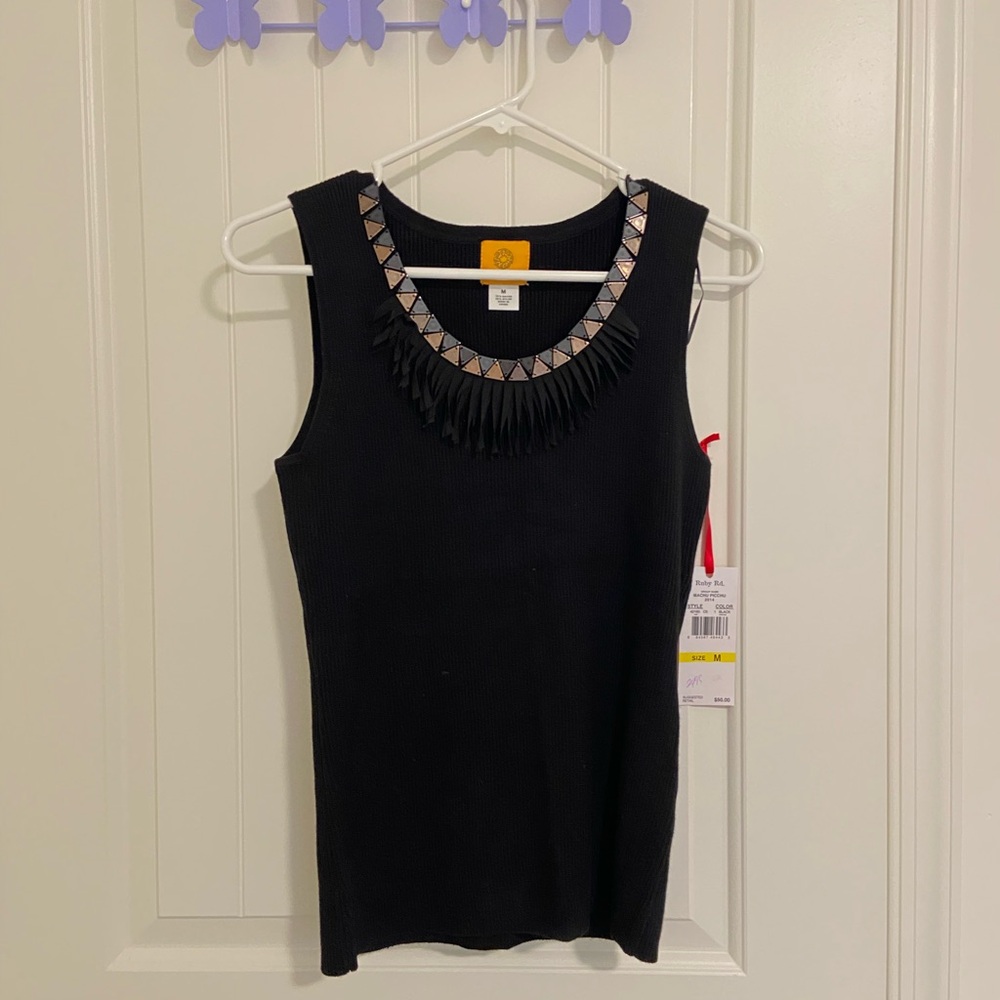 NEW Ruby Rd women’s black stretchy‎ metallic neckline fringe tank top medium